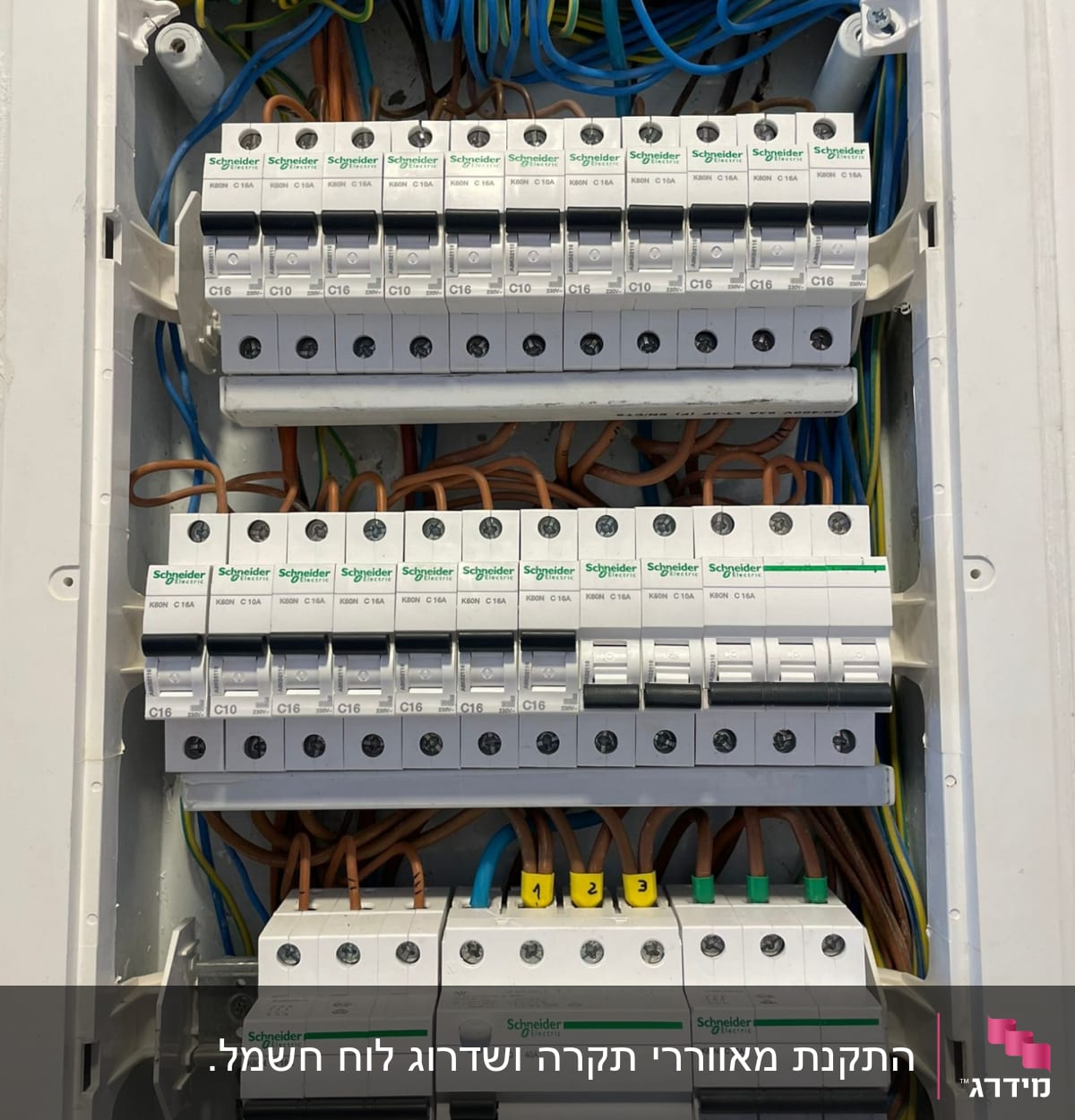 לוח חשמל עם מפסקים וחוטים צבעוניים